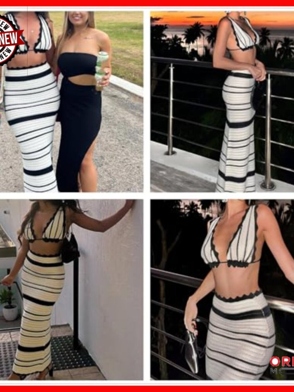 Striped Two Piece Set Deep V Neck Sleeveless Crop Top Midi Skirt - Picture 4 of 7